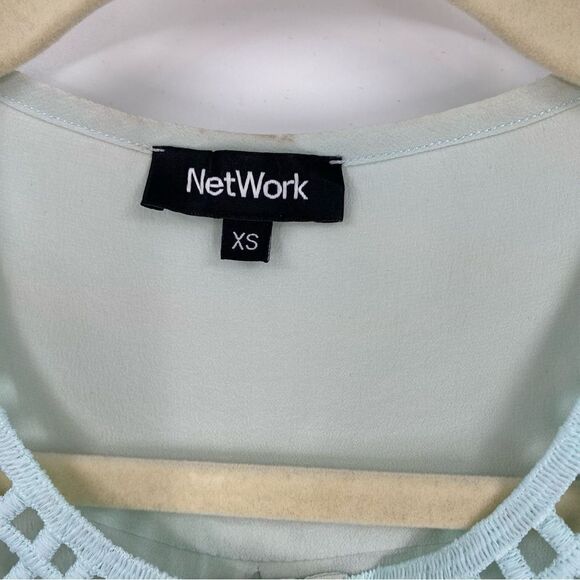 Network Women’s Crew Neck Hidden Button Front Mesh Shoulder Sheer Blouse XS Mint - Picture 2 of 6